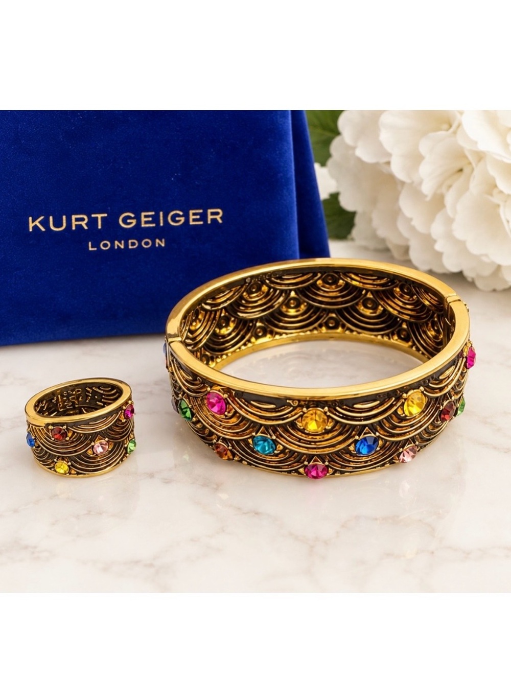 Kurt Geiger Gold-Tone Multicolored Crystal Scalloped Bangle & Ring Set